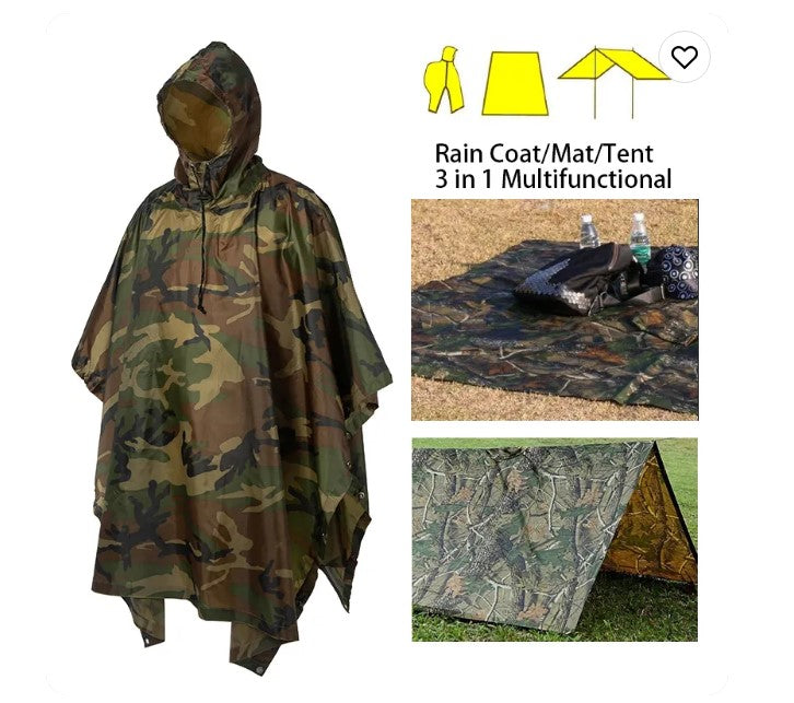 Waterproof Camouflage Tactical Poncho for Backpacking Hiking Hunting Rain Cover