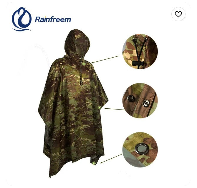 Waterproof Camouflage Tactical Poncho for Backpacking Hiking Hunting Rain Cover