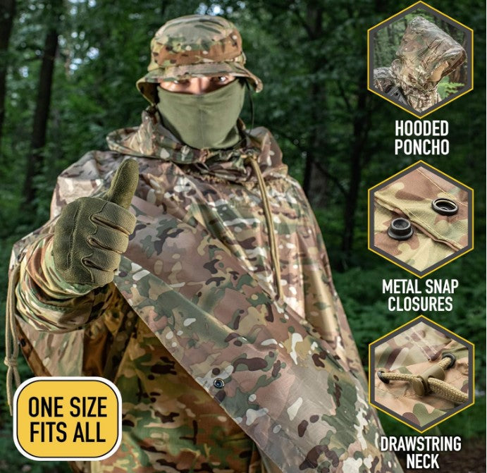 Waterproof Camouflage Tactical Poncho for Backpacking Hiking Hunting Rain Cover